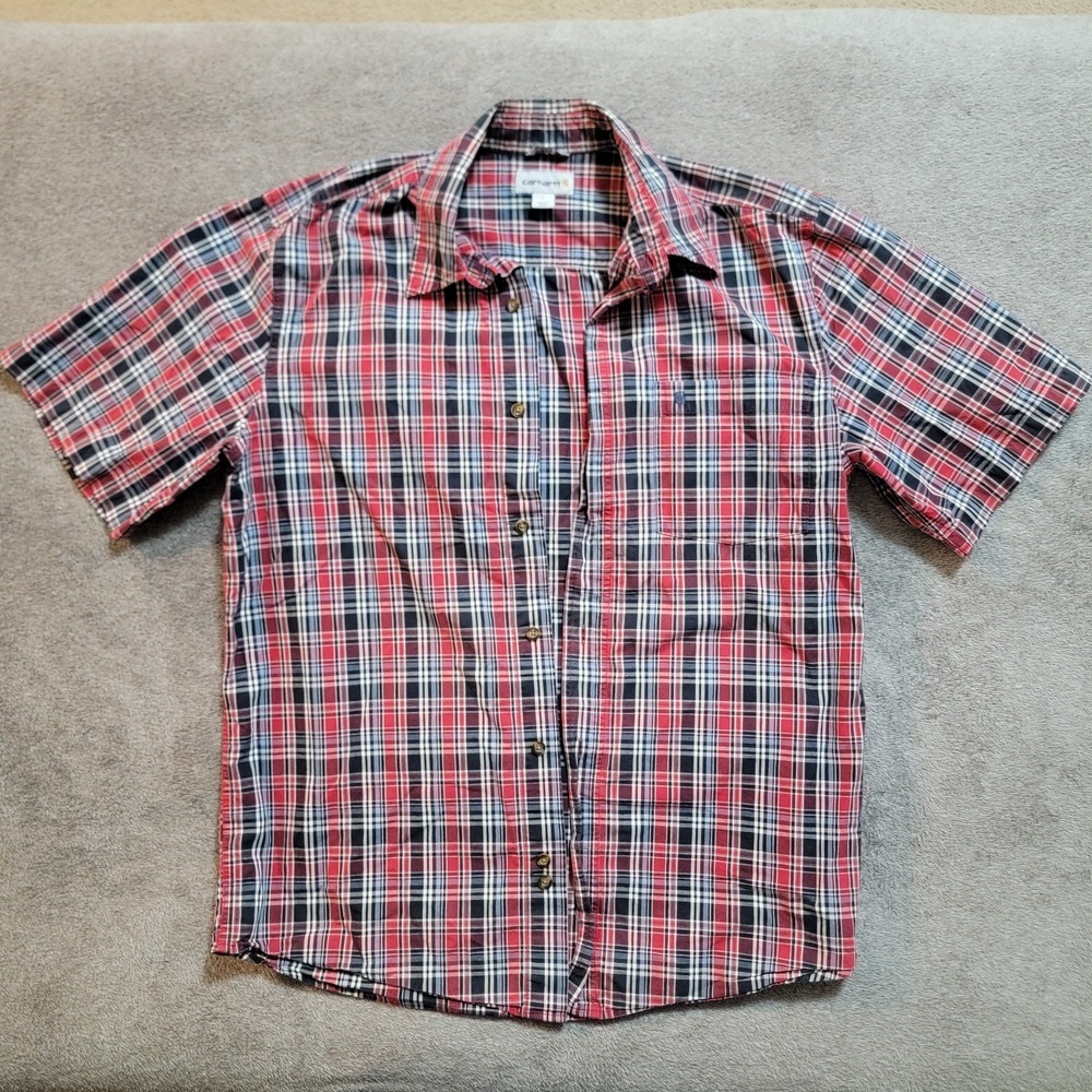 Carhartt Red White & Blue Plaid Relaxed Fit Short Sleeve Button Up Shirt Size L